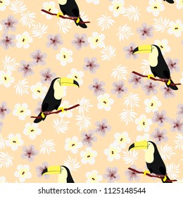 Tropical seamless pattern with toucan, flowers and leaves. A tropical forest with birds. Stylish tropical background with toucan.