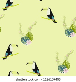Tropical seamless pattern with toucan, flowers and leaves. A tropical forest with birds. Stylish tropical background with toucan.