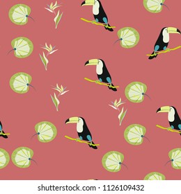 Tropical seamless pattern with toucan, flowers and leaves. A tropical forest with birds. Stylish tropical background with toucan.