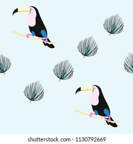 Tropical seamless pattern with toucan, flowers and leaves. A tropical forest with birds. Stylish tropical background with toucan.