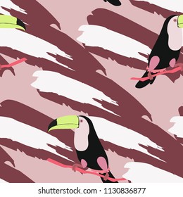 Tropical seamless pattern with toucan, flowers and leaves. A tropical forest with birds. Stylish tropical background with toucan.