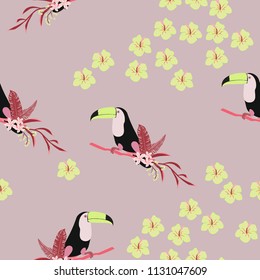 Tropical seamless pattern with toucan, flowers and leaves. Beautiful background with tropical leaves and flowers. Birds of the jungle. For covers, paper, wallpaper and fabric.