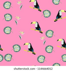 Tropical seamless pattern with toucan, flowers and leaves. A tropical forest with birds. Stylish tropical background with toucan.