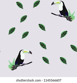 Tropical seamless pattern with toucan, flowers and leaves. A tropical forest with birds. Stylish tropical background with toucan.