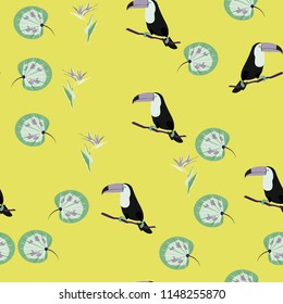 Tropical seamless pattern with toucan, flowers and leaves. A tropical forest with birds. Stylish tropical background with toucan.
