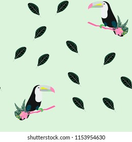 Tropical seamless pattern with toucan, flowers and leaves. A tropical forest with birds. Stylish tropical background with toucan.