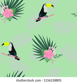 Tropical seamless pattern with toucan, flowers and leaves. A tropical forest with birds. Stylish tropical background with toucan.