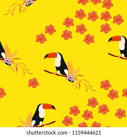 Tropical seamless pattern with toucan, flowers and leaves. Beautiful background with tropical leaves and flowers. Birds of the jungle. For covers, paper, wallpaper and fabric.