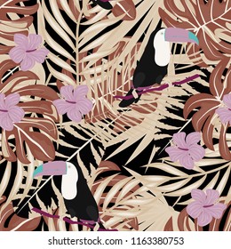Tropical seamless pattern with toucan, flowers and leaves. A tropical forest with birds. Stylish tropical background with toucan.
