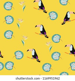 Tropical seamless pattern with toucan, flowers and leaves. A tropical forest with birds. Stylish tropical background with toucan.