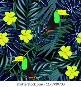 Tropical seamless pattern with toucan, flowers and leaves. A tropical forest with birds. Stylish tropical background with toucan.