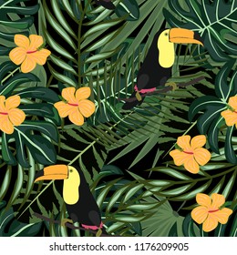 Tropical seamless pattern with toucan, flowers and leaves. A tropical forest with birds. Stylish tropical background with toucan.
