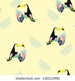 Tropical seamless pattern with toucan, flowers and leaves. Beautiful background with tropical leaves and flowers. Birds of the jungle. For covers, paper, wallpaper and fabric.