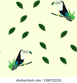 Tropical seamless pattern with toucan, flowers and leaves. Beautiful background with tropical leaves and flowers. Birds of the jungle. For covers, paper, wallpaper and fabric.