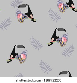 Tropical seamless pattern with toucan, flowers and leaves. Beautiful background with tropical leaves and flowers. Birds of the jungle. For covers, paper, wallpaper and fabric.