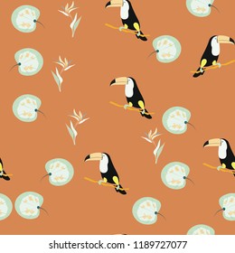 Tropical seamless pattern with toucan, flowers and leaves. Beautiful background with tropical leaves and flowers. Birds of the jungle. For covers, paper, wallpaper and fabric.