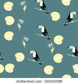 Tropical seamless pattern with toucan, flowers and leaves. A tropical forest with birds. Stylish tropical background with toucan.