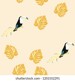 Tropical seamless pattern with toucan, flowers and leaves. A tropical forest with birds. Stylish tropical background with toucan.