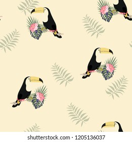 Tropical seamless pattern with toucan, flowers and leaves. Beautiful background with tropical leaves and flowers. Birds of the jungle. For covers, paper, wallpaper and fabric.