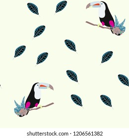 Tropical seamless pattern with toucan, flowers and leaves. Beautiful background with tropical leaves and flowers. Birds of the jungle. For covers, paper, wallpaper and fabric.