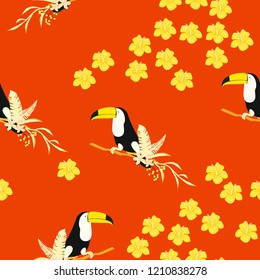 Tropical seamless pattern with toucan, flowers and leaves. Beautiful background with tropical leaves and flowers. Birds of the jungle. For covers, paper, wallpaper and fabric.