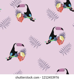 Tropical seamless pattern with toucan, flowers and leaves. Beautiful background with tropical leaves and flowers. Birds of the jungle. For covers, paper, wallpaper and fabric.