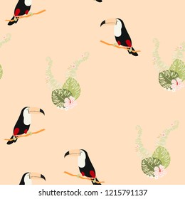Tropical seamless pattern with toucan, flowers and leaves. A tropical forest with birds. Stylish tropical background with toucan.