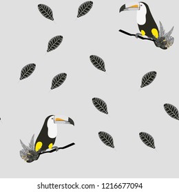 Tropical seamless pattern with toucan, flowers and leaves. Beautiful background with tropical leaves and flowers. Birds of the jungle. For covers, paper, wallpaper and fabric.