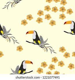 Tropical seamless pattern with toucan, flowers and leaves. Beautiful background with tropical leaves and flowers. Birds of the jungle. For covers, paper, wallpaper and fabric.