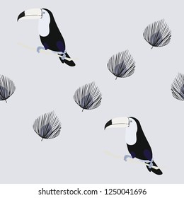 Tropical seamless pattern with toucan, flowers and leaves. A tropical forest with birds. Stylish tropical background with toucan.