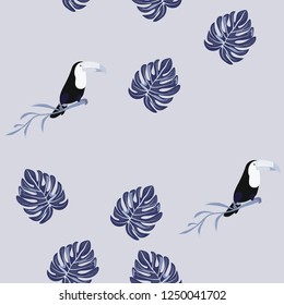 Tropical seamless pattern with toucan, flowers and leaves. A tropical forest with birds. Stylish tropical background with toucan.