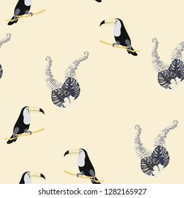 Tropical seamless pattern with toucan, flowers and leaves. A tropical forest with birds. Stylish tropical background with toucan.