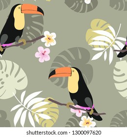Tropical seamless pattern with toucan, flowers and leaves. A tropical forest with birds. Stylish tropical background with toucan.