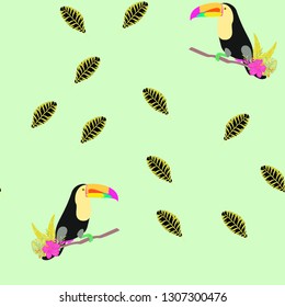 Tropical seamless pattern with toucan, flowers and leaves. A tropical forest with birds. Stylish tropical background with toucan.
