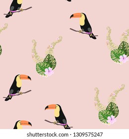 Tropical seamless pattern with toucan, flowers and leaves. A tropical forest with birds. Stylish tropical background with toucan.