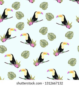 Tropical seamless pattern with toucan, flowers and leaves. A tropical forest with birds. Stylish tropical background with toucan.
