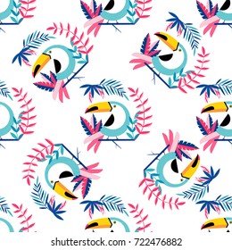 Tropical seamless pattern with Toucan, flowers and palm leaves.Hand drawn vector illustration. Perfect for prints, posters, invitations, packing.