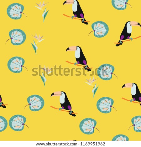 Tropical seamless pattern with toucan, flowers and leaves. A tropical forest with birds. Stylish tropical background with toucan.
