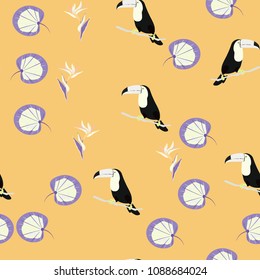 Tropical seamless pattern with toucan, leaves and flowers. Background with birds.