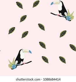 Tropical seamless pattern with toucan, leaves and flowers. Background with birds.