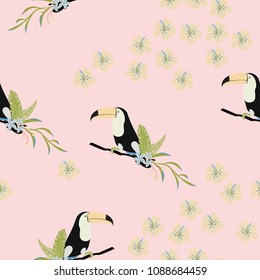 Tropical seamless pattern with toucan, leaves and flowers. Background with birds.