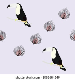 Tropical seamless pattern with toucan, leaves and flowers. Background with birds.