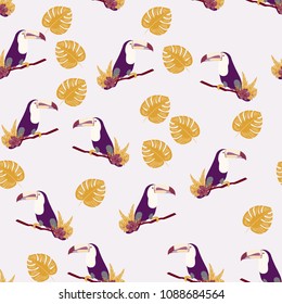 Tropical seamless pattern with toucan, leaves and flowers. Background with birds.