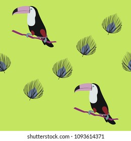 Tropical seamless pattern with toucan and leaves. Beautiful tropical leaves. Background with birds of the jungle for paper, covers, fabric.