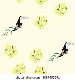 Tropical seamless pattern with toucan and leaves. Beautiful tropical leaves. Background with birds of the jungle for paper, covers, fabric.
