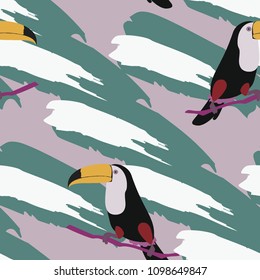 Tropical seamless pattern with toucan and leaves. Beautiful tropical leaves. Background with birds of the jungle for paper, covers, fabric.