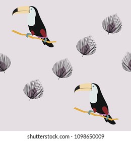 Tropical seamless pattern with toucan and leaves. Beautiful tropical leaves. Background with birds of the jungle for paper, covers, fabric.