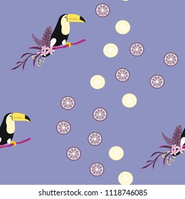 Tropical seamless pattern with toucan, tropical leaves and citrus. Lemon and lime. Summer background with tropical birds.