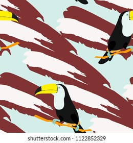 Tropical seamless pattern with toucan and leaves. Beautiful tropical leaves. Background with birds of the jungle for paper, covers, fabric.