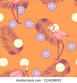 Tropical seamless pattern with toucan, tropical leaves and citrus. Lemon and lime. Summer background with tropical birds.